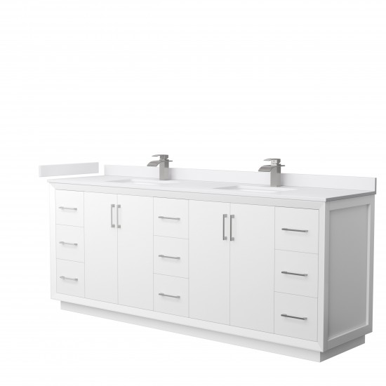 Strada 84" Double Vanity in White, White Marble Top, Sink, Nickel Trim