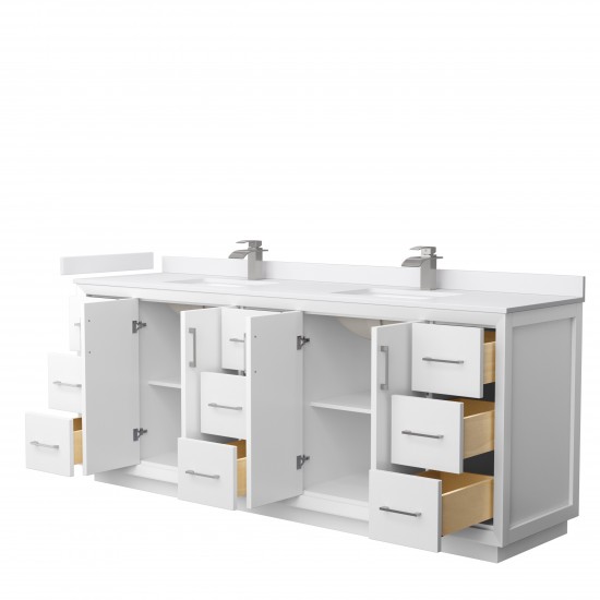 Strada 84" Double Vanity in White, White Marble Top, Sink, Nickel Trim