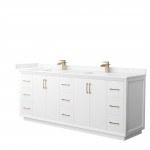 Strada 84" Double Vanity in White, Carrara Marble Top, Sink, Bronze Trim