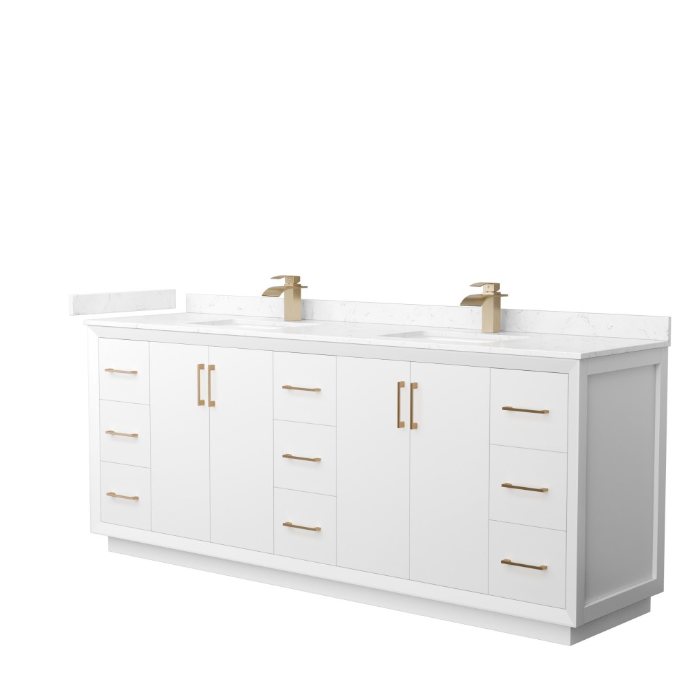 Strada 84" Double Vanity in White, Carrara Marble Top, Sink, Bronze Trim