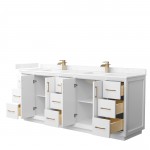 Strada 84" Double Vanity in White, Carrara Marble Top, Sink, Bronze Trim