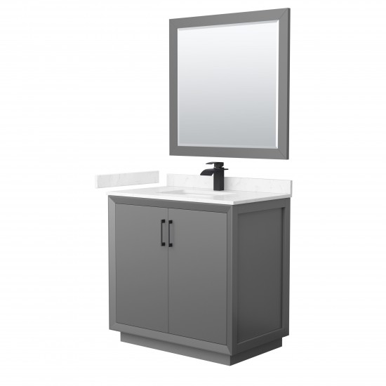 Strada 36" Gray Single Vanity, Carrara Marble Top, Sink, Black Trim, 34" Mirror