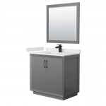 Strada 36" Gray Single Vanity, White Marble Top, Sink, Black Trim, 34" Mirror