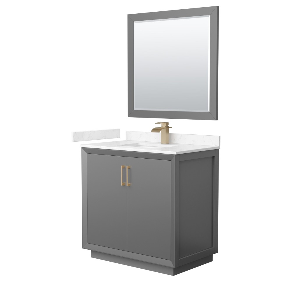 Strada 36" Gray Single Vanity, Carrara Marble Top, Sink, Bronze Trim, 34" Mirror