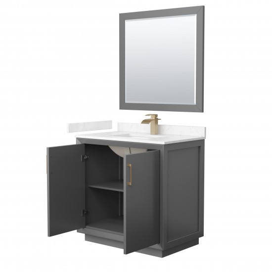 Strada 36" Gray Single Vanity, Carrara Marble Top, Sink, Bronze Trim, 34" Mirror