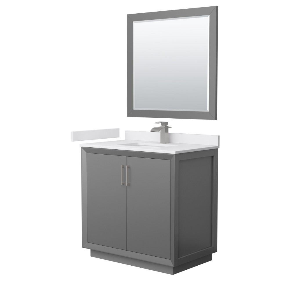 Strada 36" Gray Single Vanity, White Marble Top, Sink, Nickel Trim, 34" Mirror Strada 36" Gray Single Vanity, White Marble Top, Sink, Nickel Trim, 34" Mirror