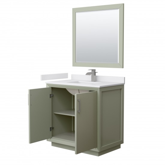 Strada 36" Green Single Vanity, White Marble Top, Sink, Nickel Trim, 34" Mirror