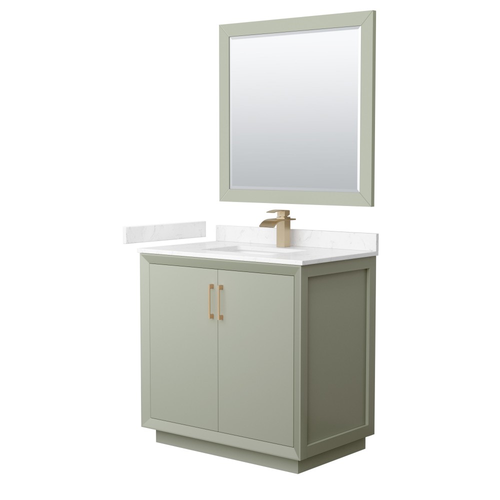 Strada 36" Green Single Vanity, Marble Top, Sink, Bronze Trim, 34" Mirror