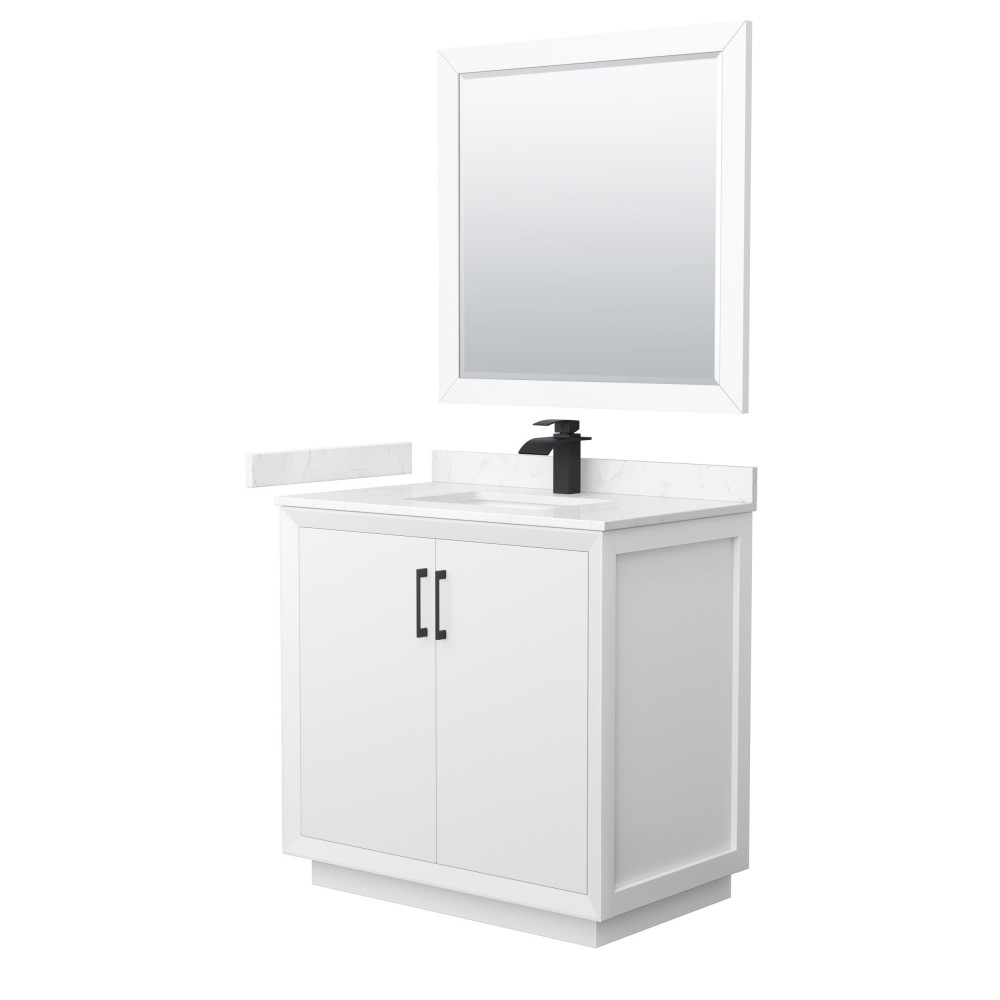 Strada 36" White Single Vanity, Carrara Marble Top, Sink, Black Trim, 34" Mirror