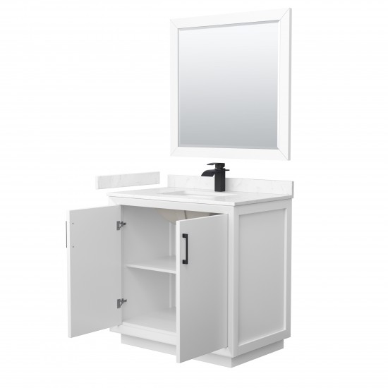 Strada 36" White Single Vanity, Carrara Marble Top, Sink, Black Trim, 34" Mirror