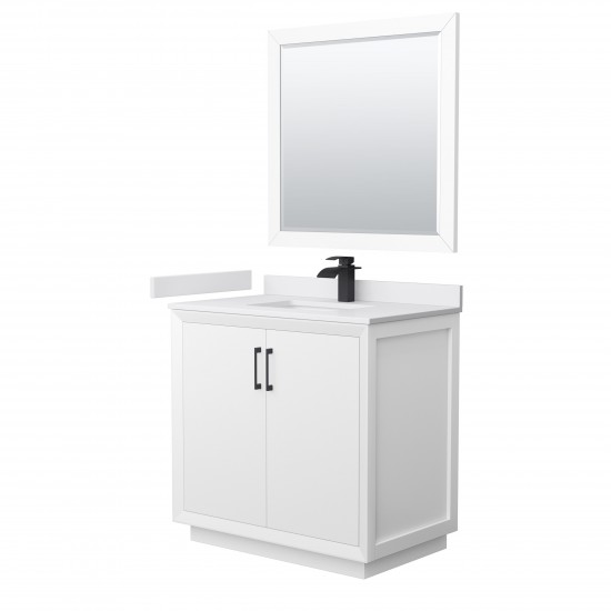 Strada 36" White Single Vanity, White Marble Top, Sink, Black Trim, 34" Mirror