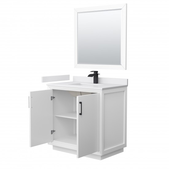 Strada 36" White Single Vanity, White Marble Top, Sink, Black Trim, 34" Mirror