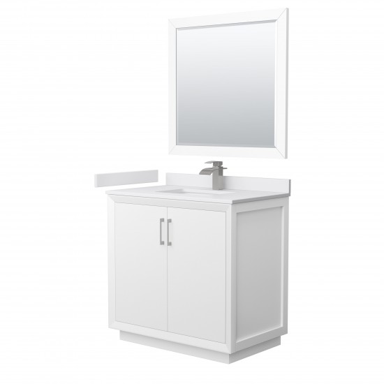 Strada 36" White Single Vanity, White Marble Top, Sink, Nickel Trim, 34" Mirror