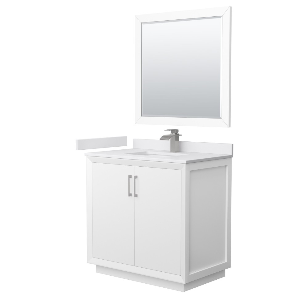 Strada 36" White Single Vanity, White Marble Top, Sink, Nickel Trim, 34" Mirror