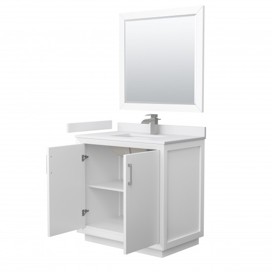 Strada 36" White Single Vanity, White Marble Top, Sink, Nickel Trim, 34" Mirror