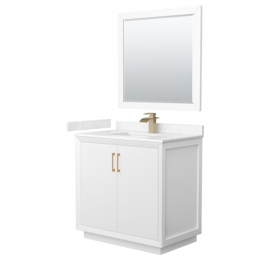 Strada 36" White Single Vanity, Marble Top, Sink, Bronze Trim, 34" Mirror