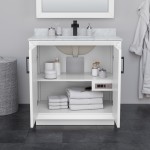Strada 36" White Single Vanity, Marble Top, Sink, Bronze Trim, 34" Mirror
