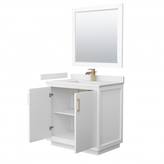 Strada 36" White Single Vanity, White Marble Top, Sink, Bronze Trim, 34" Mirror
