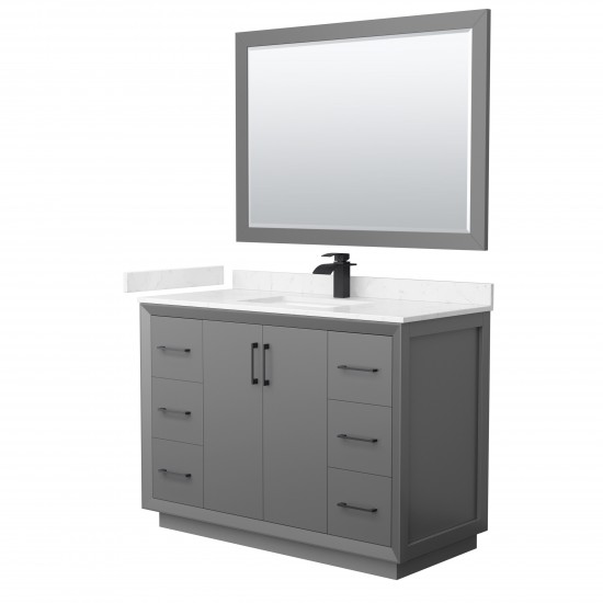 Strada 48" Gray Single Vanity, Carrara Marble Top, Sink, Black Trim, 46" Mirror