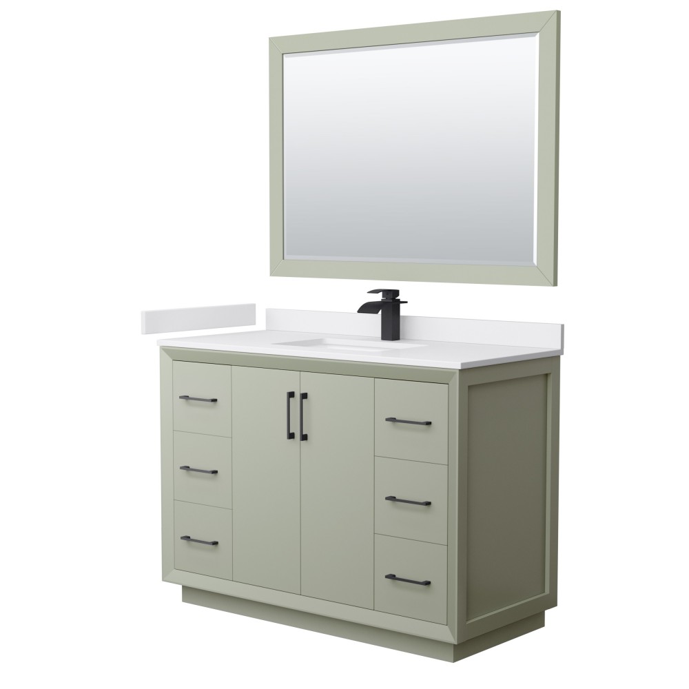 Strada 48" Green Single Vanity, White Marble Top, Sink, Black Trim, 46" Mirror Strada 48" Green Single Vanity, White Marble Top, Sink, Black Trim, 46" Mirror