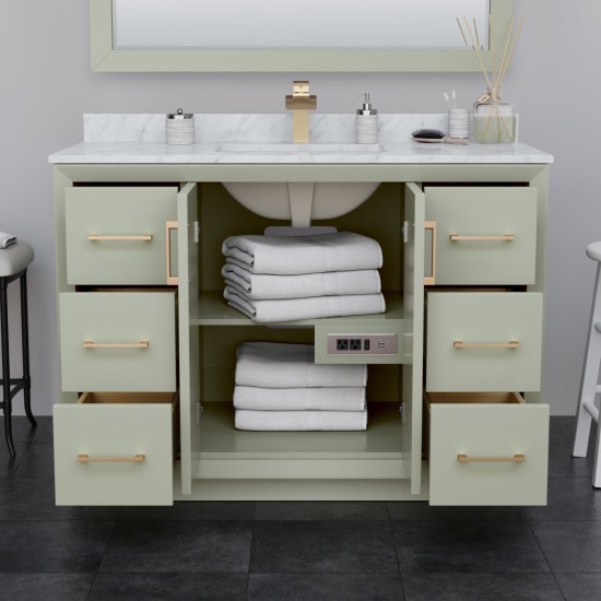 Strada 48" Green Single Vanity, White Marble Top, Sink, Black Trim, 46" Mirror