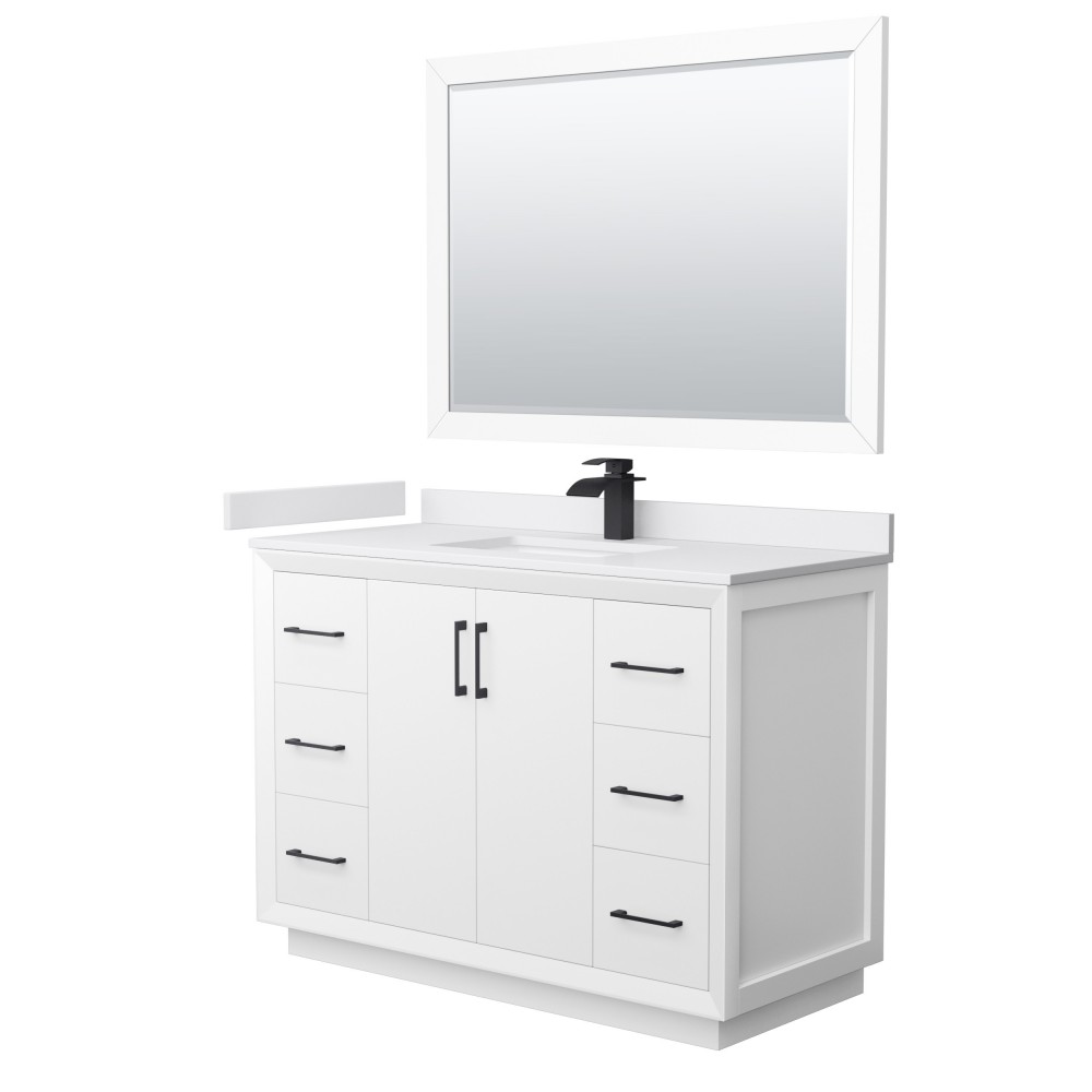 Strada 48" White Single Vanity, White Marble Top, Sink, Black Trim, 46" Mirror