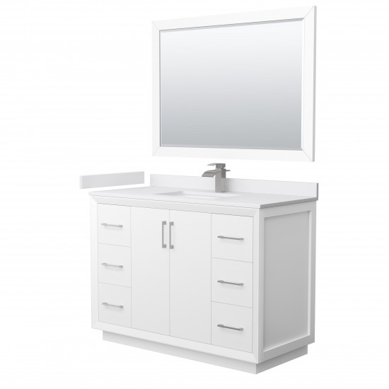 Strada 48" White Single Vanity, White Marble Top, Sink, Nickel Trim, 46" Mirror