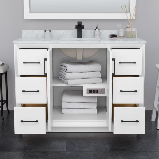 Strada 48" White Single Vanity, White Marble Top, Sink, Bronze Trim, 46" Mirror