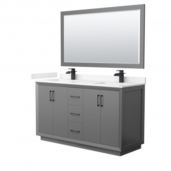 Strada 60" Gray Double Vanity, Carrara Marble Top, Sink, Black Trim, 58" Mirror