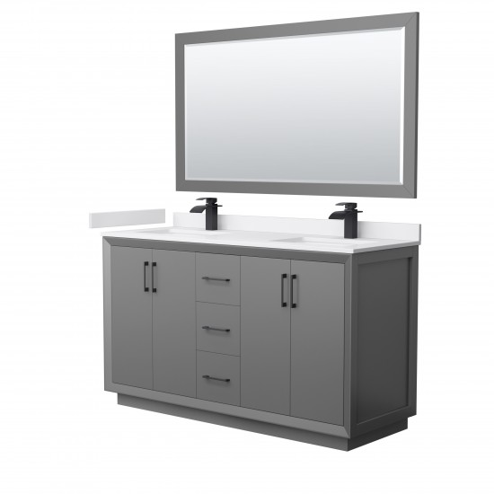 Strada 60" Gray Double Vanity, White Marble Top, Sink, Black Trim, 58" Mirror