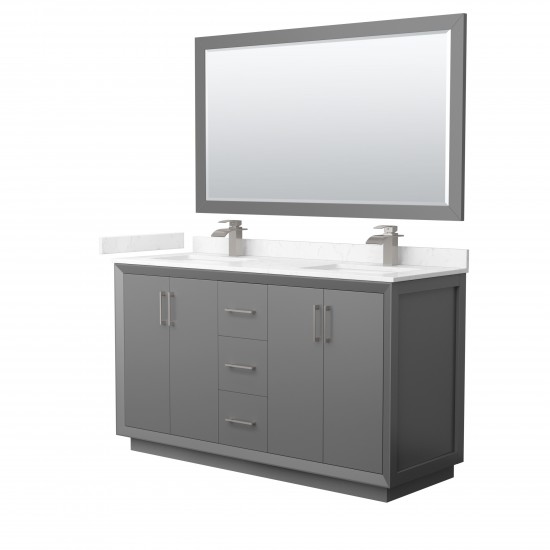 Strada 60" Gray Double Vanity, Carrara Marble Top, Sink, Nickel Trim, 58" Mirror