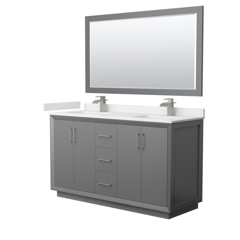 Strada 60" Gray Double Vanity, White Marble Top, Sink, Nickel Trim, 58" Mirror