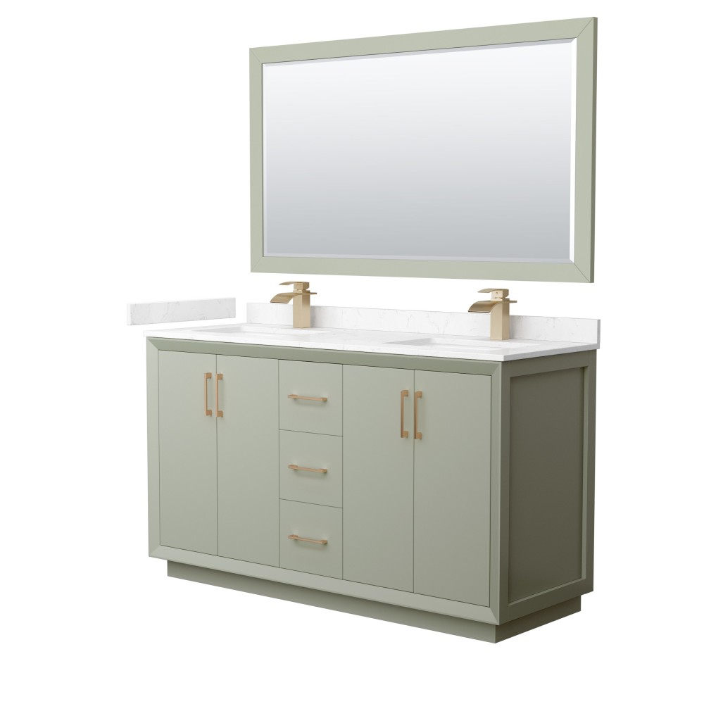 Strada 60" Green Double Vanity, Marble Top, Sinks, Bronze Trim, 58" Mirror