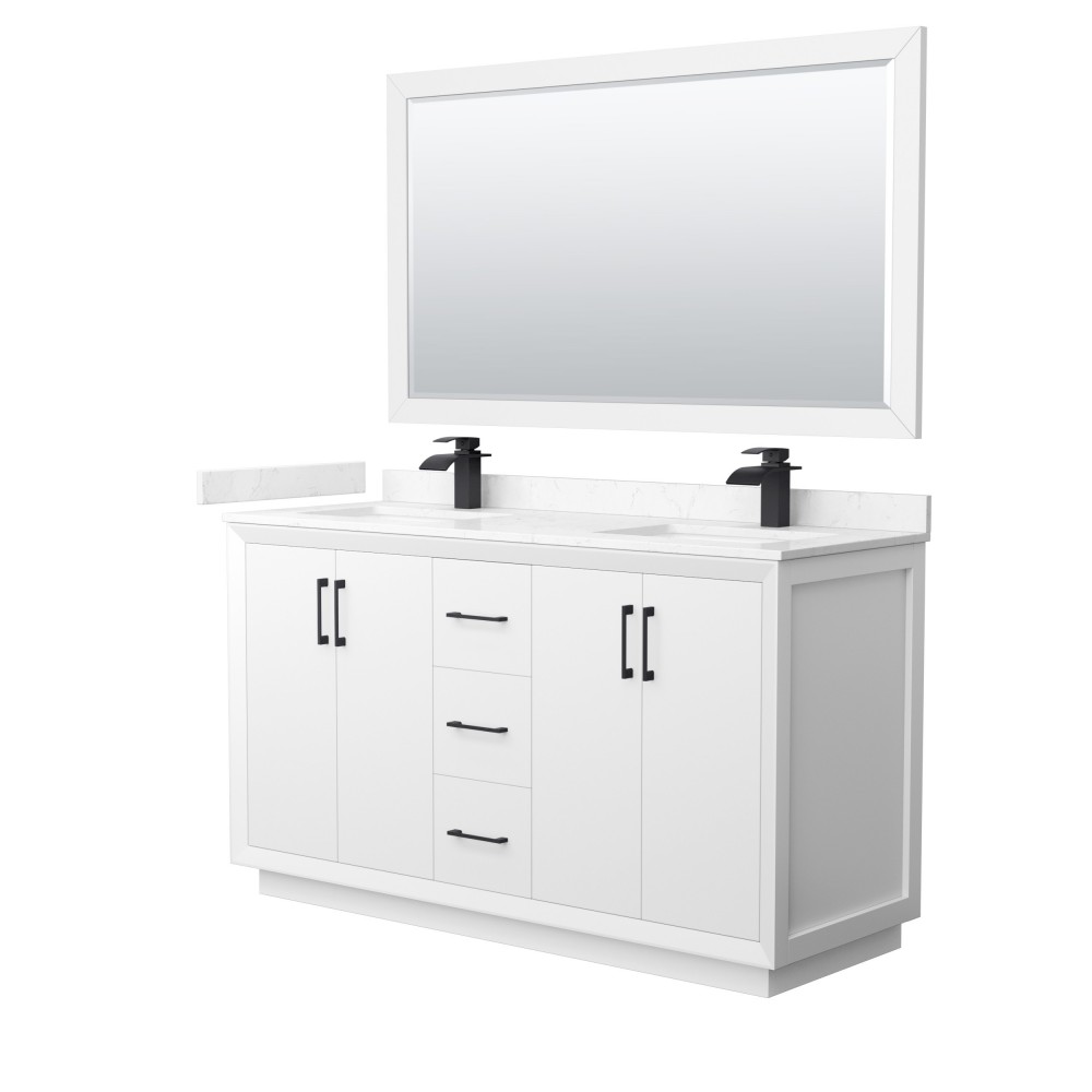 Strada 60" White Double Vanity, Carrara Marble Top, Sink, Black Trim, 58" Mirror