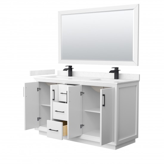 Strada 60" White Double Vanity, Carrara Marble Top, Sink, Black Trim, 58" Mirror