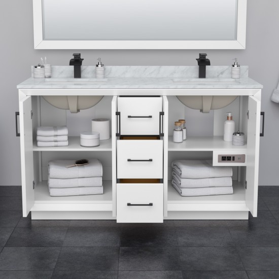 Strada 60" White Double Vanity, Carrara Marble Top, Sink, Black Trim, 58" Mirror