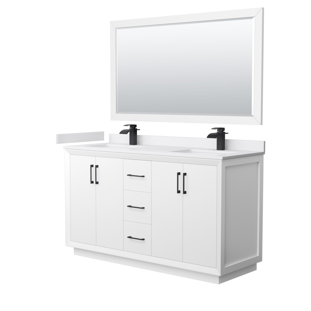 Strada 60" White Double Vanity, White Marble Top, Sink, Black Trim, 58" Mirror