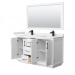 Strada 60" White Double Vanity, White Marble Top, Sink, Black Trim, 58" Mirror