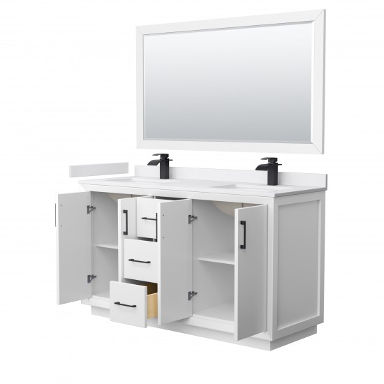 Strada 60" White Double Vanity, White Marble Top, Sink, Black Trim, 58" Mirror