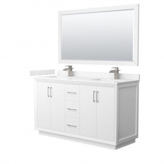 Strada 60" White Double Vanity, Marble Top, Sink, Nickel Trim, 58" Mirror