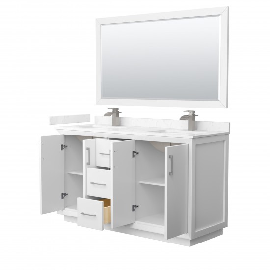 Strada 60" White Double Vanity, Marble Top, Sink, Nickel Trim, 58" Mirror