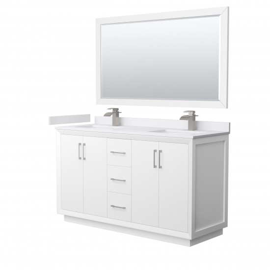 Strada 60" White Double Vanity, White Marble Top, Sink, Nickel Trim, 58" Mirror