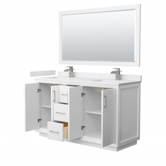 Strada 60" White Double Vanity, White Marble Top, Sink, Nickel Trim, 58" Mirror