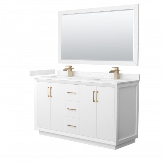 Strada 60" White Double Vanity, Marble Top, Sink, Bronze Trim, 58" Mirror