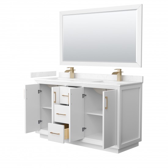 Strada 60" White Double Vanity, Marble Top, Sink, Bronze Trim, 58" Mirror