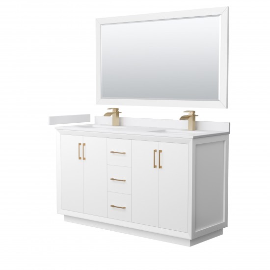 Strada 60" White Double Vanity, White Marble Top, Sink, Bronze Trim, 58" Mirror