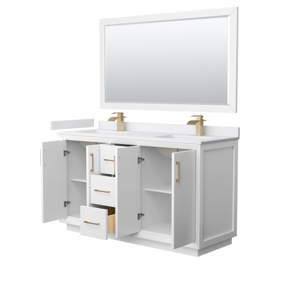 Strada 60" White Double Vanity, White Marble Top, Sink, Bronze Trim, 58" Mirror