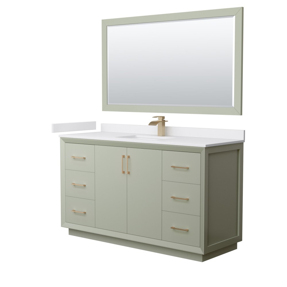 Strada 60" Green Single Vanity, White Marble Top, Sink, Bronze Trim, 58" Mirror