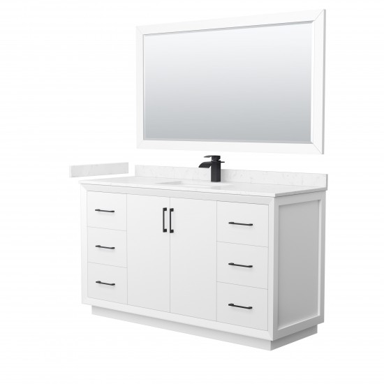 Strada 60" White Single Vanity, Carrara Marble Top, Sink, Black Trim, 58" Mirror