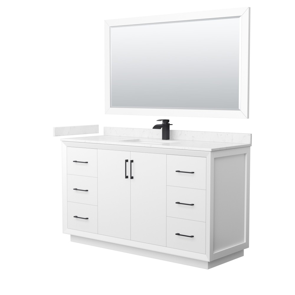 Strada 60" White Single Vanity, Carrara Marble Top, Sink, Black Trim, 58" Mirror Strada 60" White Single Vanity, Carrara Marble Top, Sink, Black Trim, 58" Mirror
